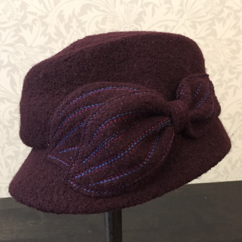 Lillie & Cohoe®™ Mao Now, Aubergine, Stitched Leaves, Boiled Wool